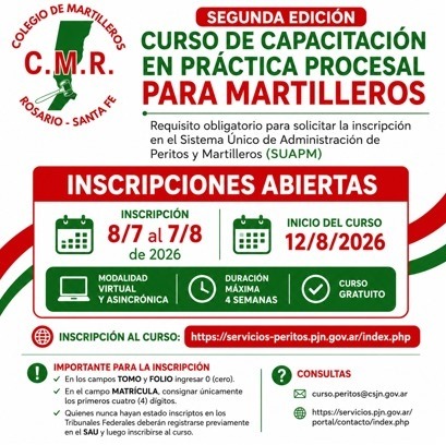 Nuevo curso de capacitación en práctica procesal para martilleros
